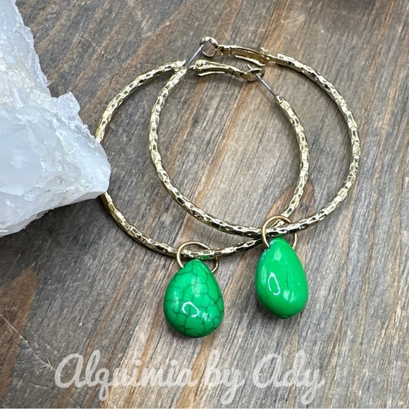 Statement green Turquoise and gold chunky hoops earrings drops charms